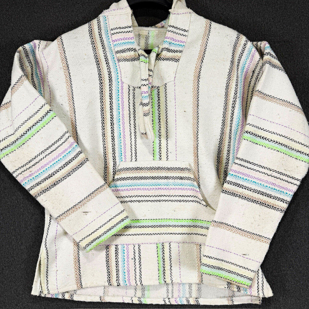 Vintage Molinari Baja Hoodie Drug Rug Pullover White Pastel Stripe Mexico Style